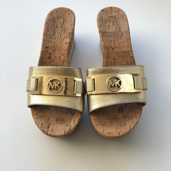 Michael Kors MK Warren Leather Platform Cork Slide Sandals Gold Logo Plate 10M - Picture 6 of 16